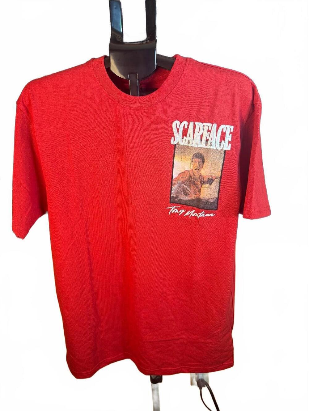 New NWT Scarface Red Graphic T-Shirt Tony Montana sz L Embroidered